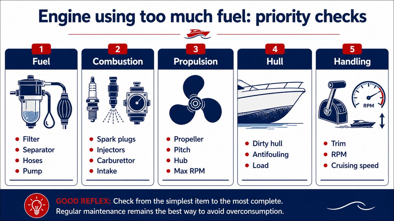Checks to perform when a boat engine uses too much fuel